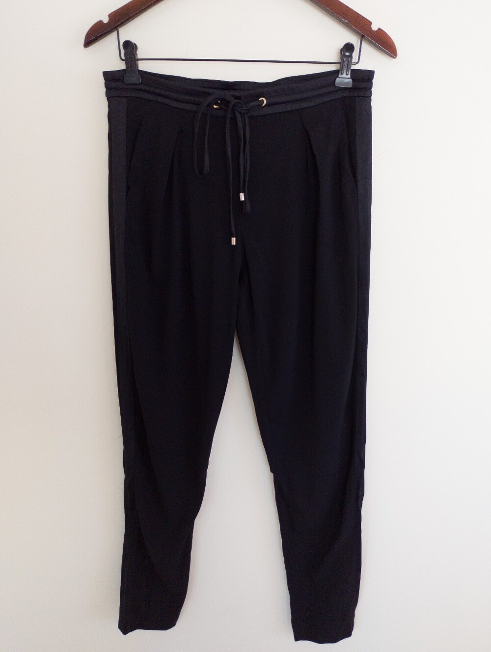 GEORGES RECH Paris Black Drawstring Trousers Satin Trim Jogger Pants Size 6